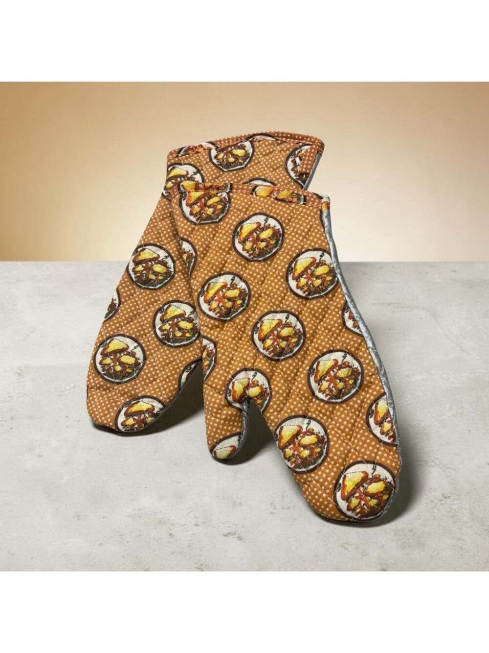 Vintage Set Pair Mushroom Oven Mitts Hot Pad Holders Brown 1970s